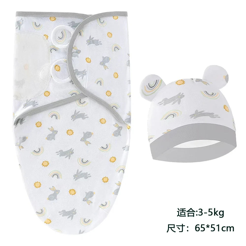 Baby Blanket Hat Set Cartoon Printed Cotton Newborn Swaddle Adjustable