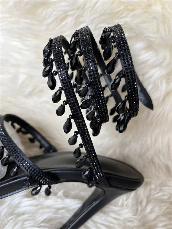 2023 Summer Crystal Pendant Twine Sandals Rhinestone High Heels 10cm Open Toe Women Shoes Party Wedding Bridal Shoes Size 34-43