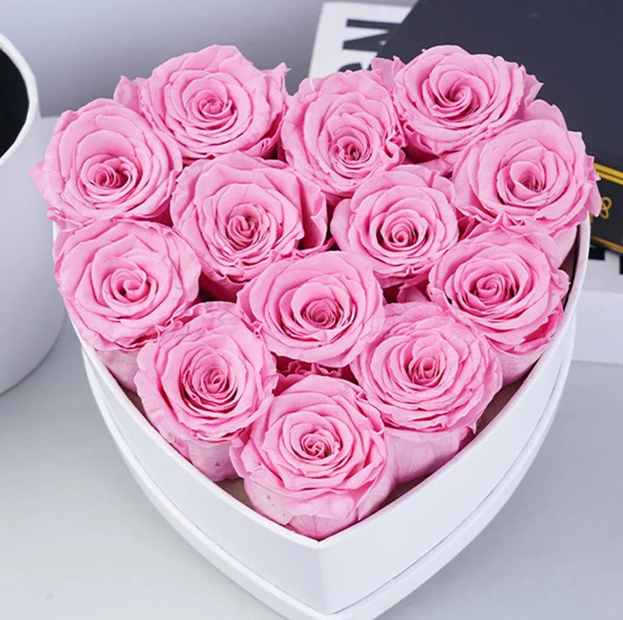 12-13pcs Peserved Roses in Heart Shape Box 100% Natural Long Last Real