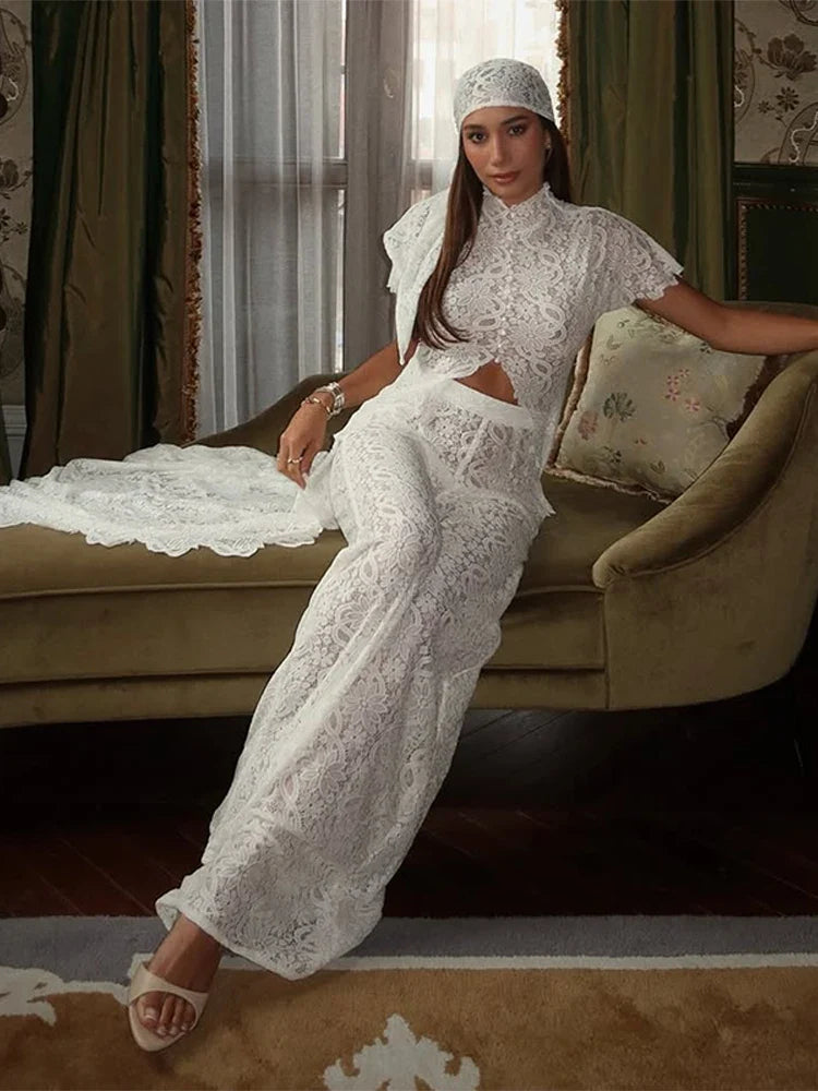 Solid Lace Two Piece Set Round Neck Short Sleeve Cutout Crop Top High Waist Wide Leg Pants 2026 Summer Elegant Party Outfits