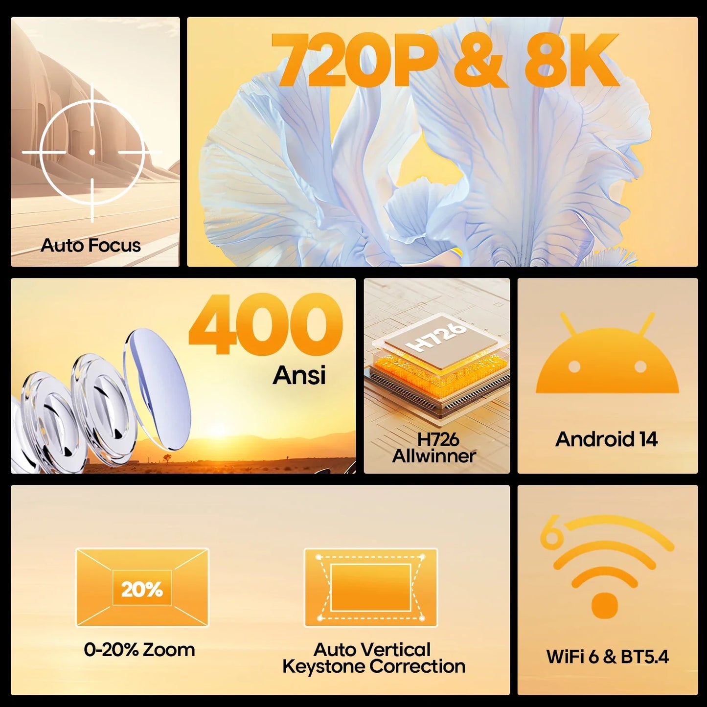 Magcubic 8K Native 4K Projector 400ANSI 14 Android Auto Focus Portable Outdoor HY300Max with Wifi6 BT5.4 Allwinner H726 720P
