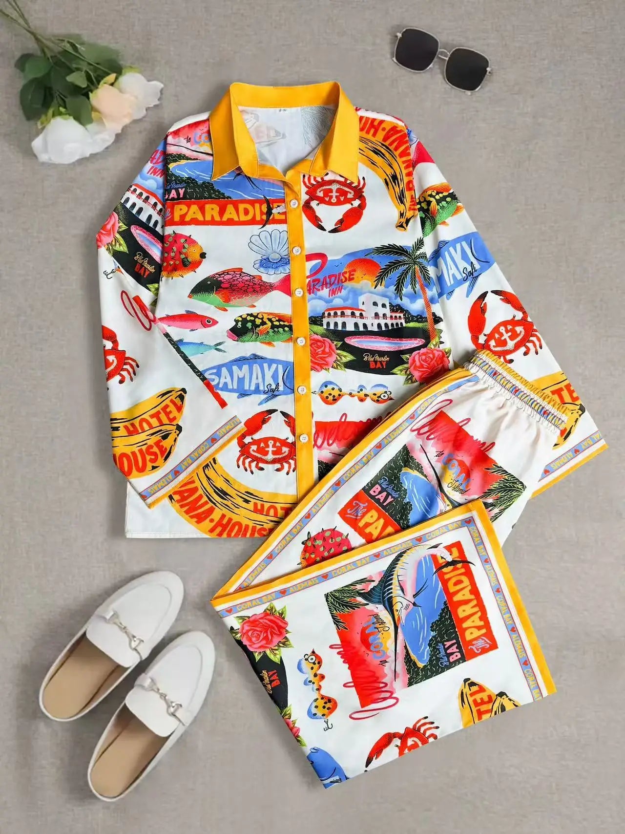 Fashion Print Beach Holiday 2-Piece Set Women Spring Summer Long Sleeve Shirt Top + Wide Legs Women's Oversized Two-Piece Outfit