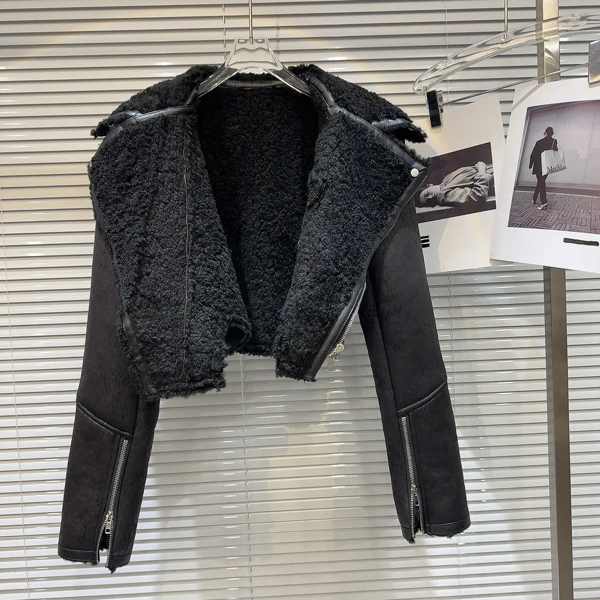 Faux-Leather Shearling Moto Jacket Cropped Winter Biker Coat