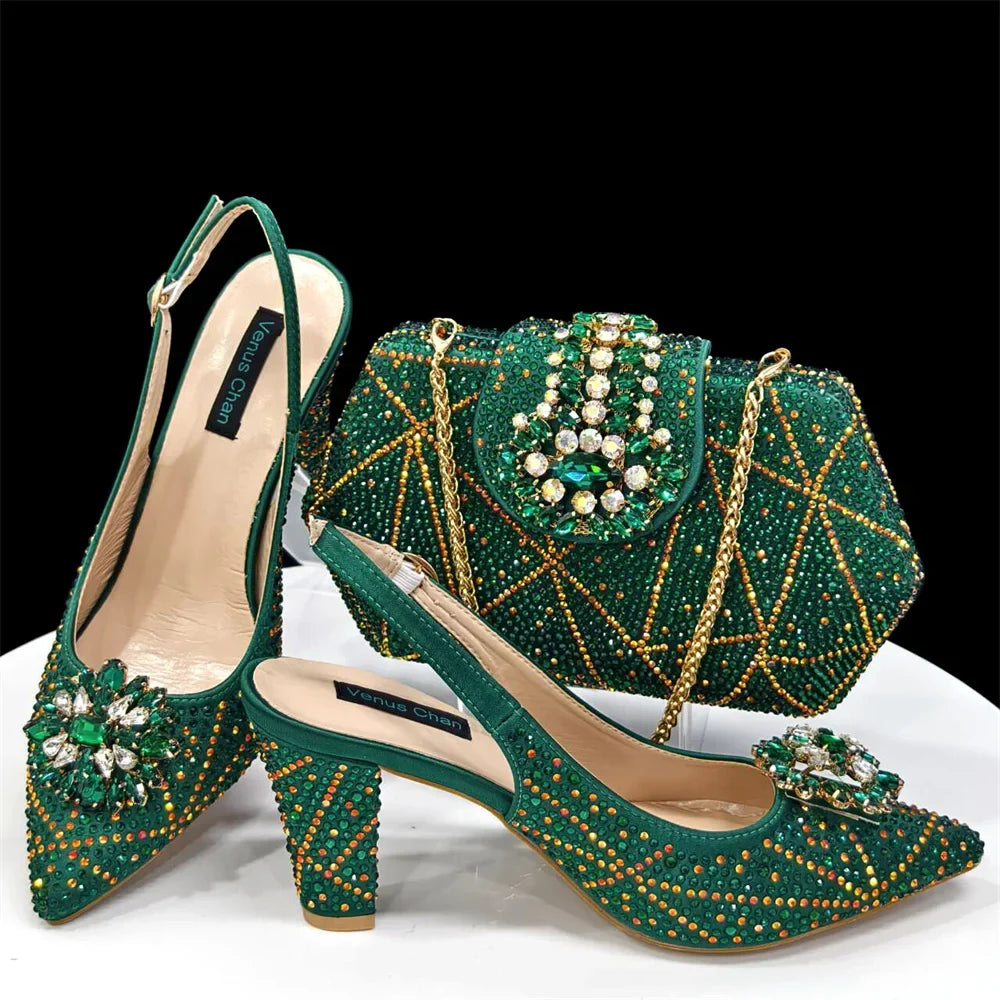 Doershow beautiful Italian Shoes And Bag Sets For Evening Party With Stones Italian Leather Handbags Match Bags! 1-30