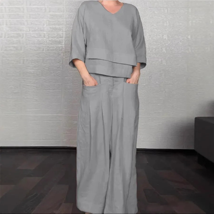 Casual Loose Irregular Cotton Linen Women's Top Set Spring Summer New Fashion Pocket Wide-leg Pants For Women Office 2-piece Set