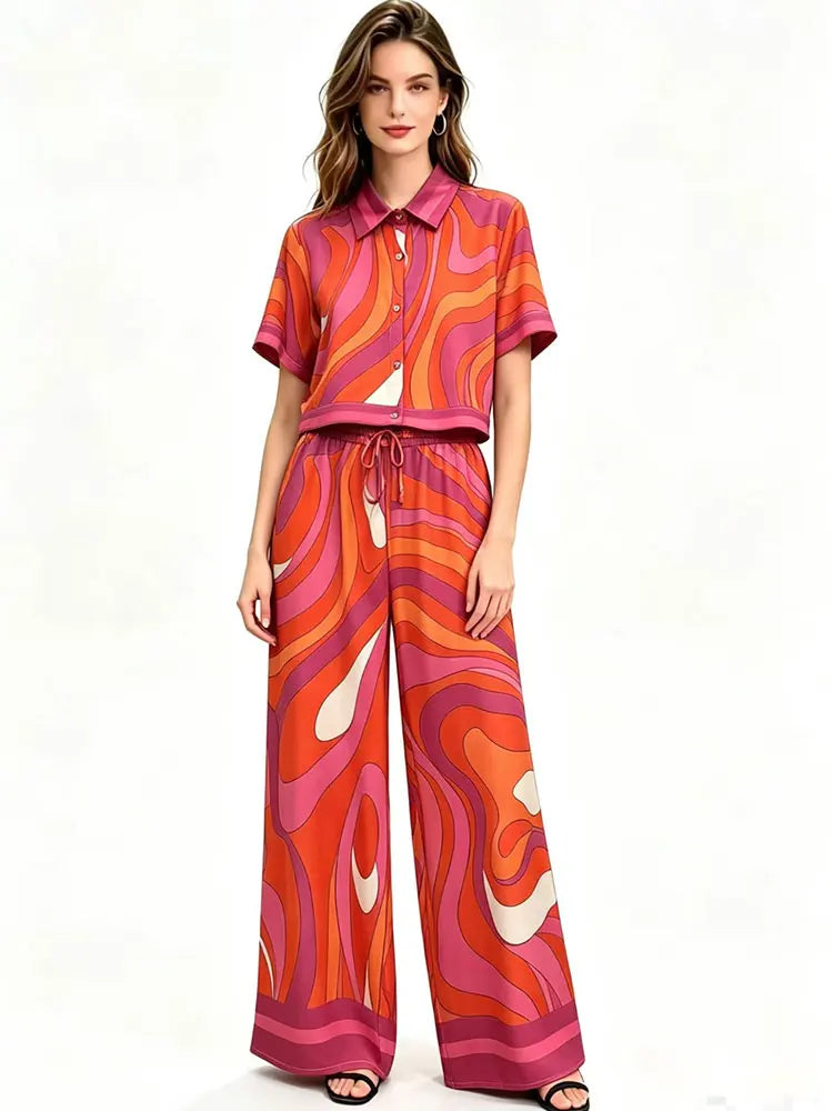 2026 Summer New Fashion Women's Print Suit Lapel Short Sleeve Short Waist Shirt + Elastic Waist Straight Trousers Two-Piece
