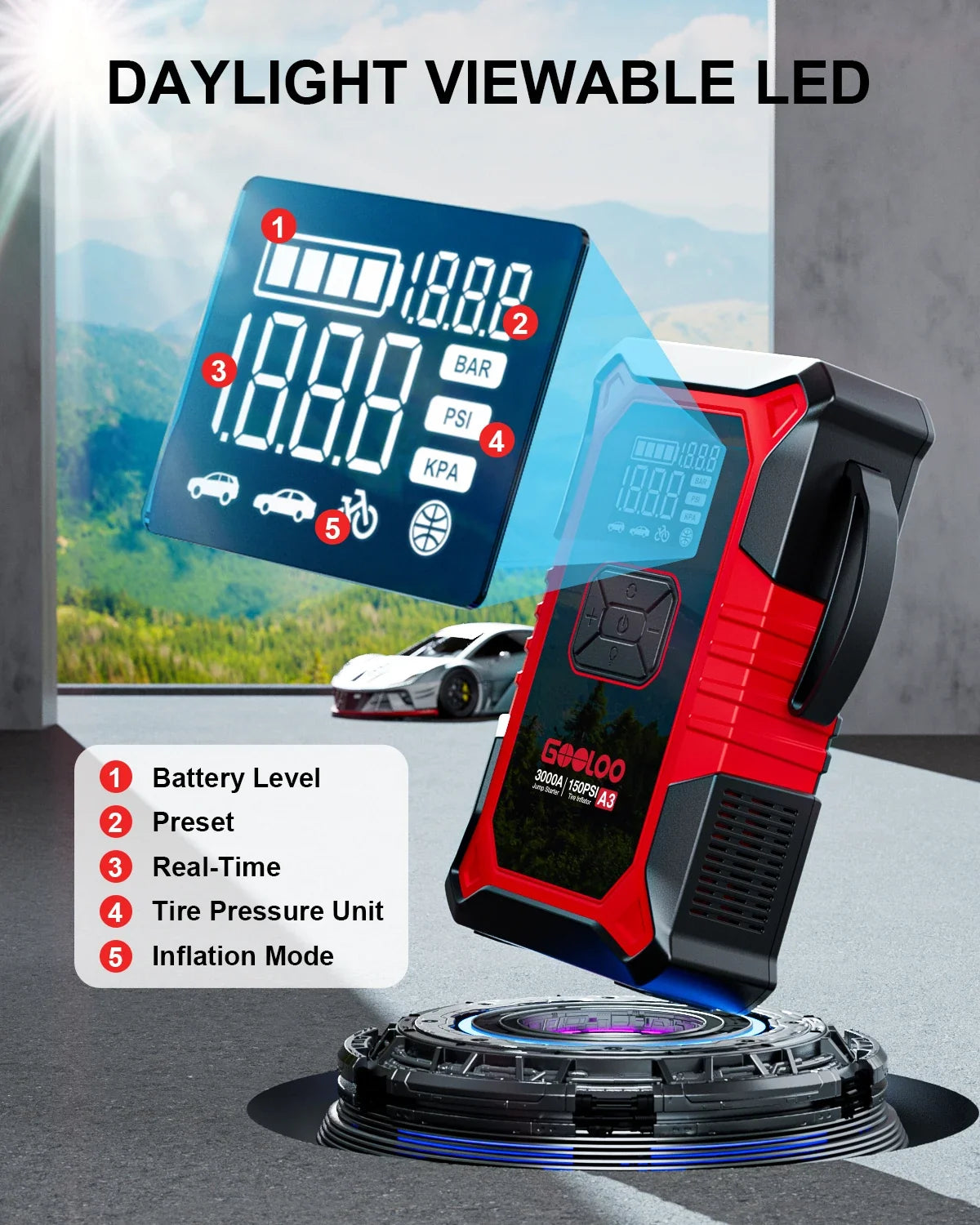 GOOLOO A3 Jump Starter with Air Compressor, 3000A Portable Car Battery Booster (9.0 Gas/6.5L Diesel) with 150PSI Auto-Shutoff Ti