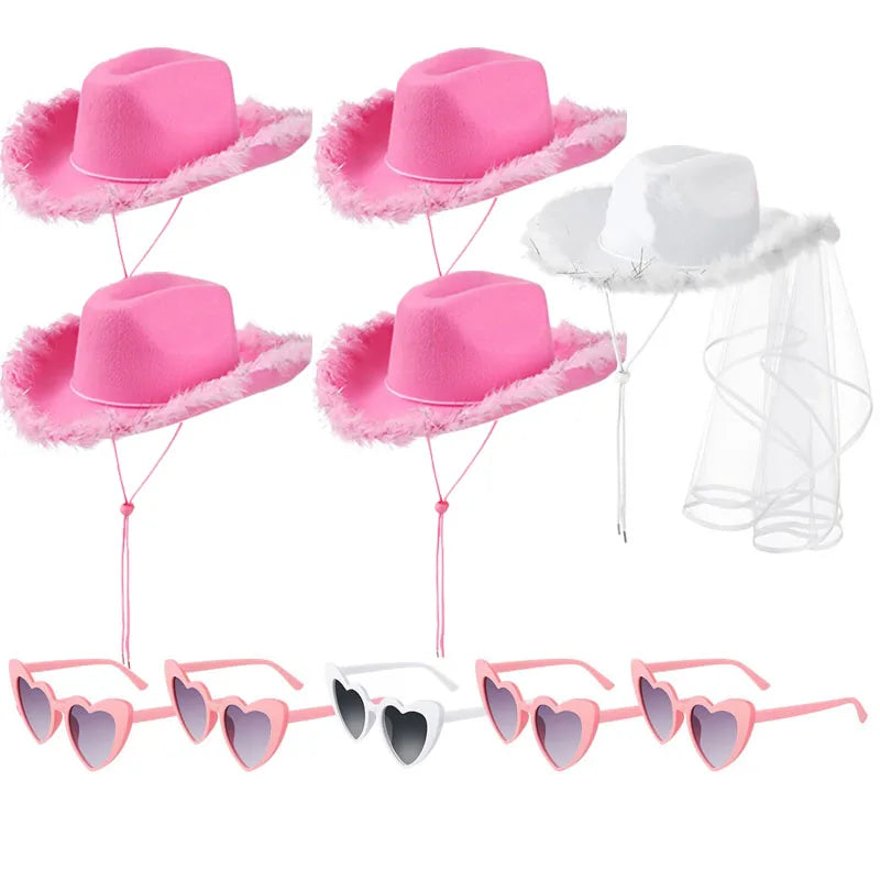 5-12Set Cowgirl Cowboy Hats Bachelorette Cowboy Hats for Bridal Shower Wedding Rhinestone Bandana Heart Glasses for Last Disco