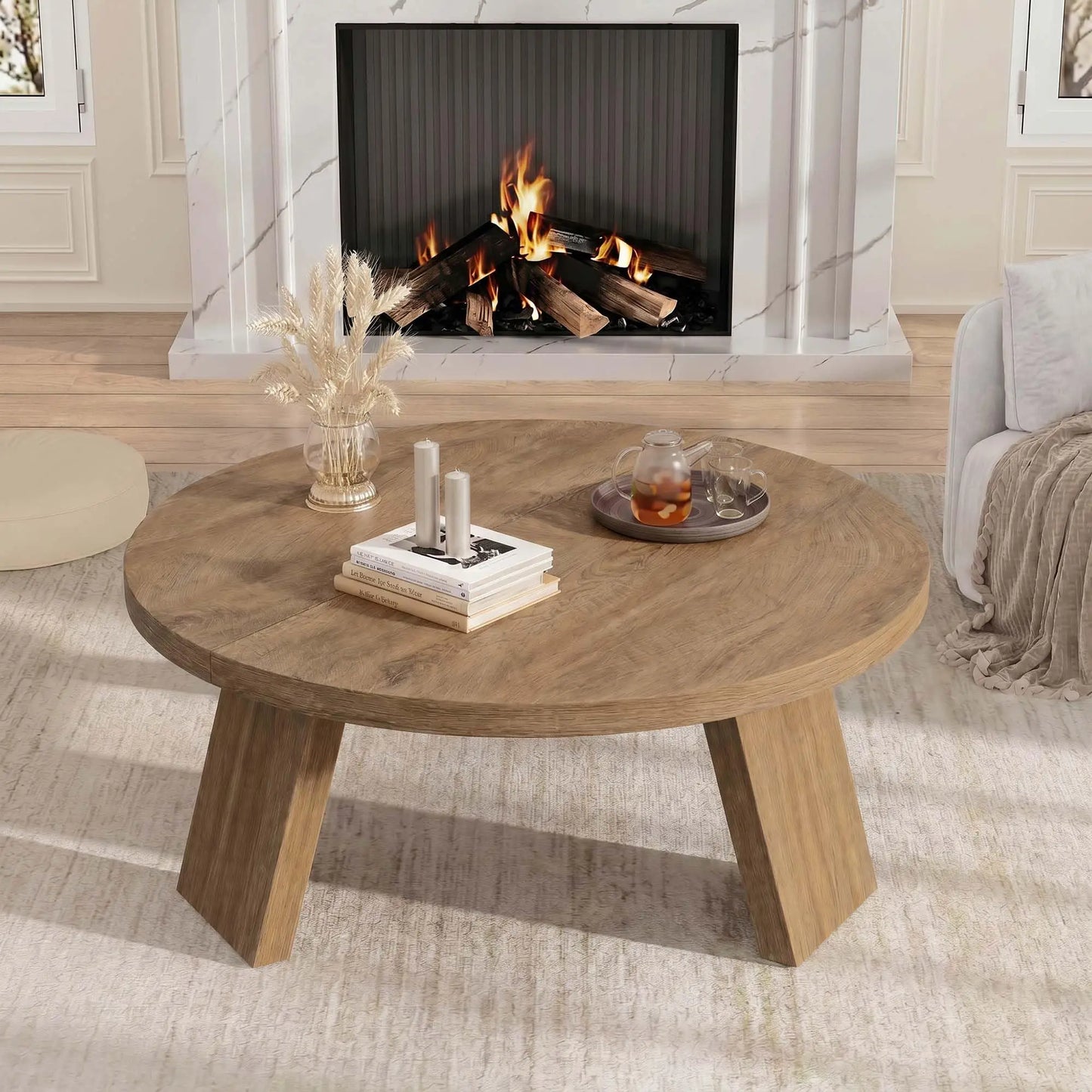 33.5 Inch Round Coffee Table For Living Room, Modern Center Table With Wood Grain Top and Angled Legs For Apartment