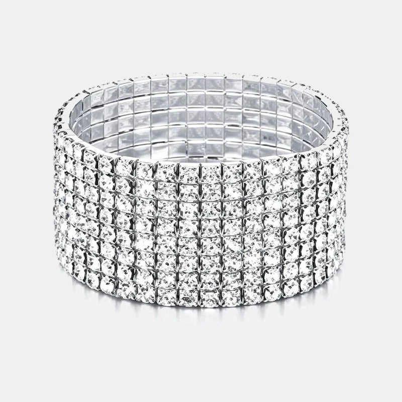 Classic Multiple Shining Rhinestone Crystal Stretch For Women Girls Bridal Wedding Wristband Elastic Bracelet Gold Silver Color