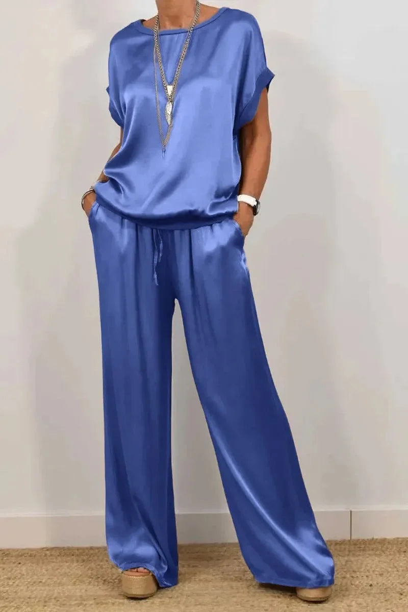 Women's Satin Pants 2 Piece Set Summer Breathe Loose Short Sleeve Top Wide Leg Pants Casual Outfit Office Lady Elagant Set