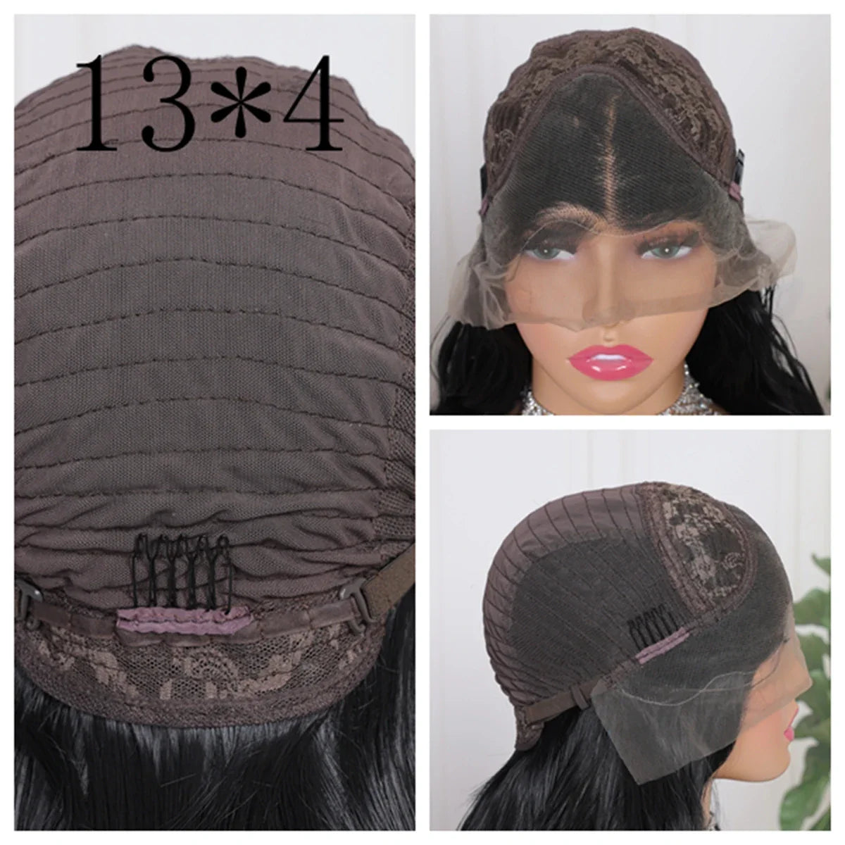 Peluca frontal de encaje largo y liso 13x4, color negro, sintética, para mujeres afroamericanas, pre-arrancada con pelo de bebé, nudos decolorados, sin pegamento