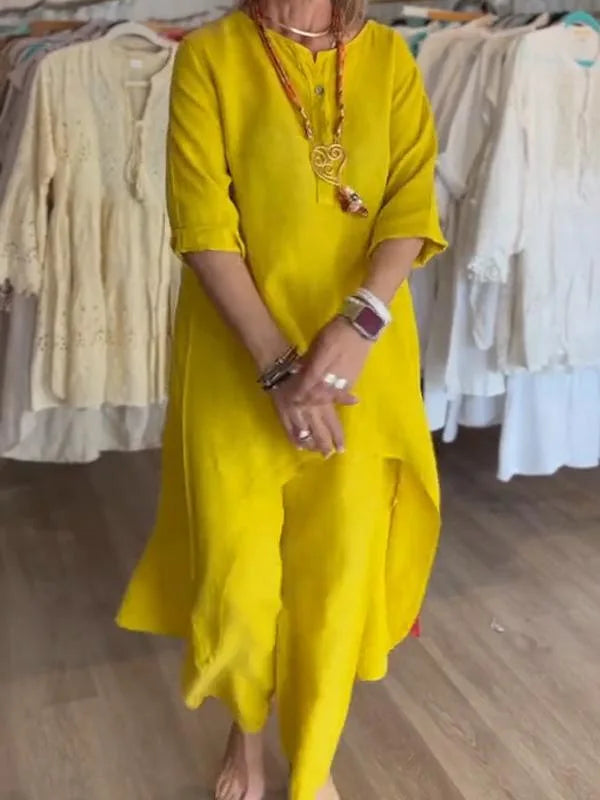 Women's 2pcs Clothing Set Fashion Summer New Suit Casual Long Shirt Blouse Top & Wide Leg Pants Solid Color 2 Piece Sets Outfits