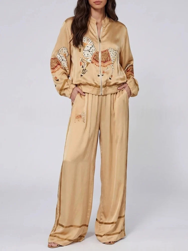 Autumn Animal Print Coat Trousers Suit Women Zipper Casual Long Sleeve Female Coats Satin 2 Pieces Set High Waist Pant Lady Sets