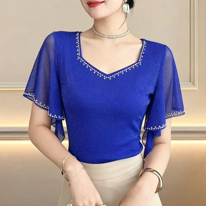 2026 Summer New Diamond Shirt Short sleeved Mesh Tops Slim Korean Fashion Bright Silk Women T Shirt
