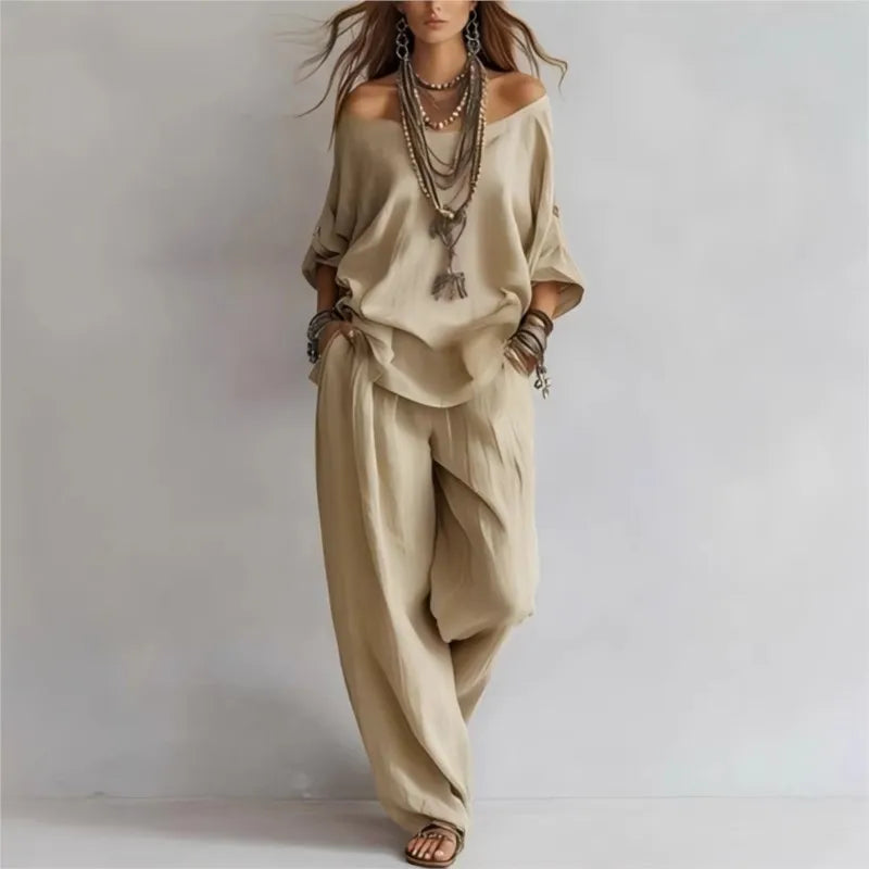 Summer New Casual Loose Linen Women's Two Piece Set Three-quarter Sleeve Off Shoulder Top Wide Leg Pants Suit Women Clothing