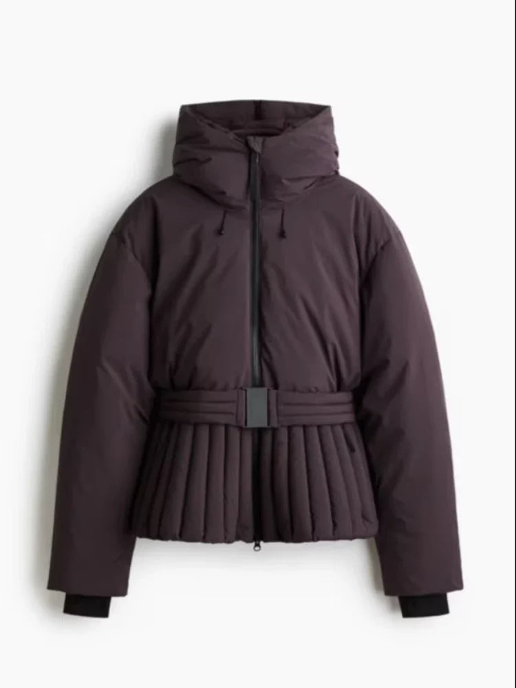 Belted Chic Hooded Cotton Coat Women Casual Full Sleeve Stand Collar Zipper Short Skiwear  Lady Winter Sport Puffer Jacket