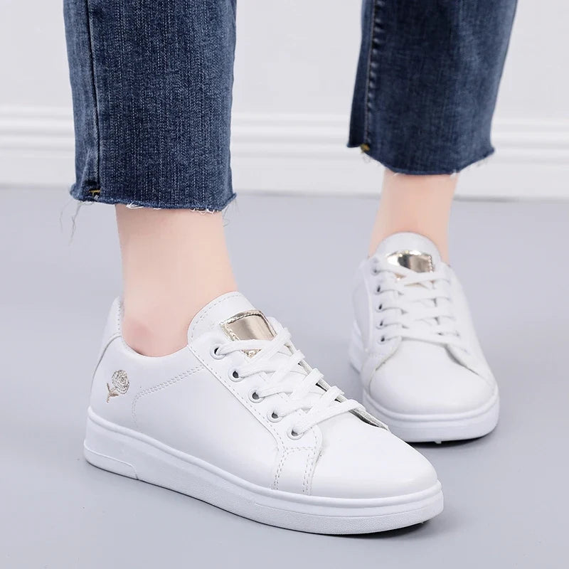 Women Leather Pu Casual Shoes New 2025 Woman Shoes Fashion Embroidered White Sneakers Breathable Flower Lace-Up Women Sneakers