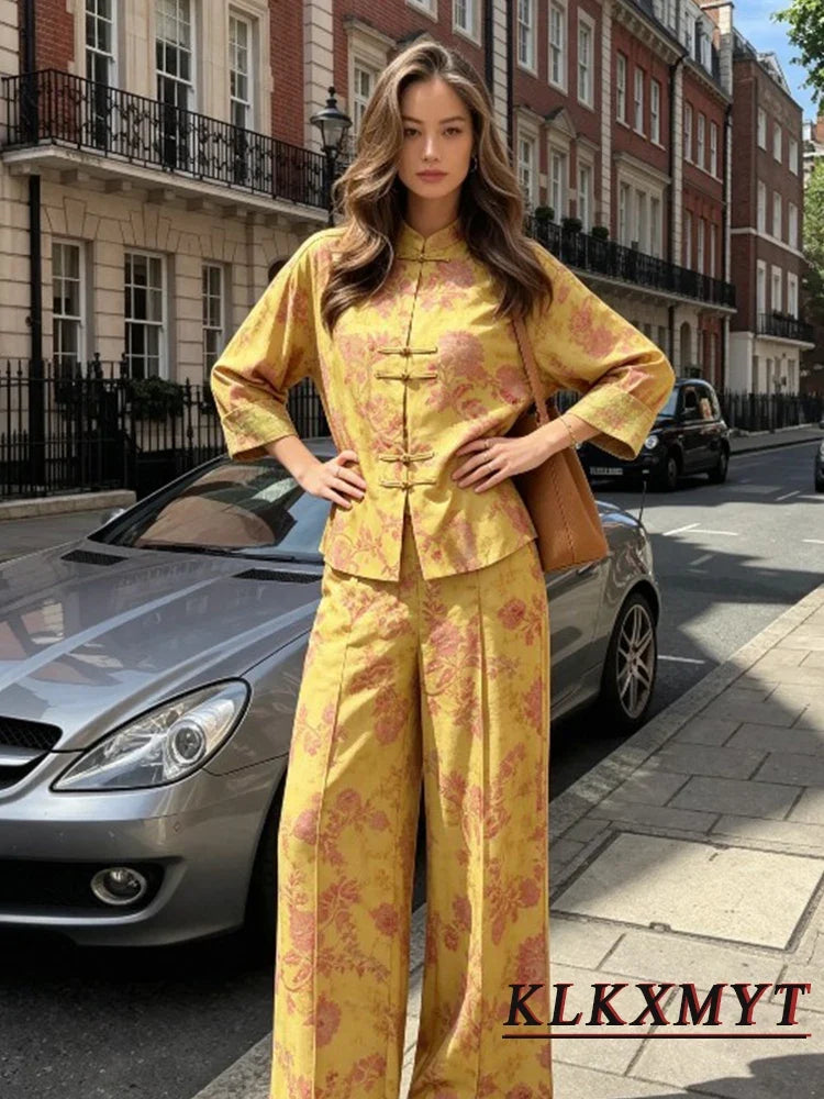 Women Fashion Flower Print Sets Sexy Long Sleeve Frog Button Decoration Top+Wide-Leg Pants Summer Autumn Vacation New 2 Pieces