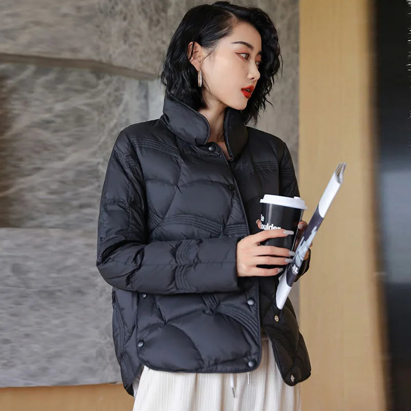 Women's Winter Short Down Jacket Stand Collar Plaid Solid White Duck Down Coat Lady Puffer Jackets  max mara пуховик JK-229