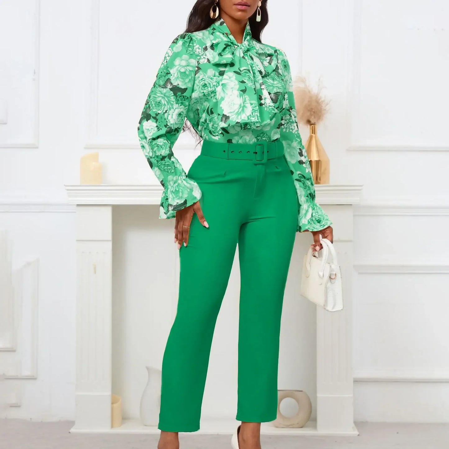 2 Piece Set  Clothes for Women Spring Clothing 2024 New Plus Size Outfit Print Shirt Pants Matching Sets With Belt