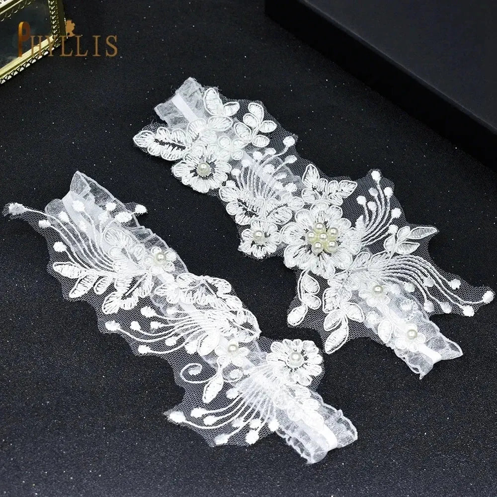 K03 2 PCS Sexy Lace Flower Crystal  Pearls Wedding Garter Belt Thigh Ring Bridal Leg Garter Stocking Garter Belt Girl Women