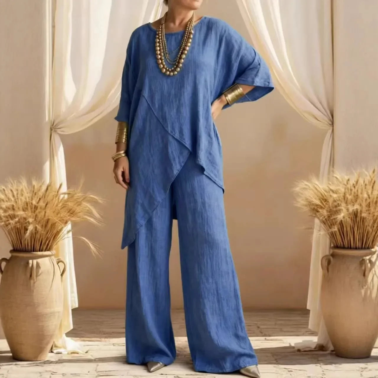 2026 Fashion Loose Women's Matching Sets Casual Half Sleeve Loose Tops And Wide Leg Pants 2 Piece Outfits Woman