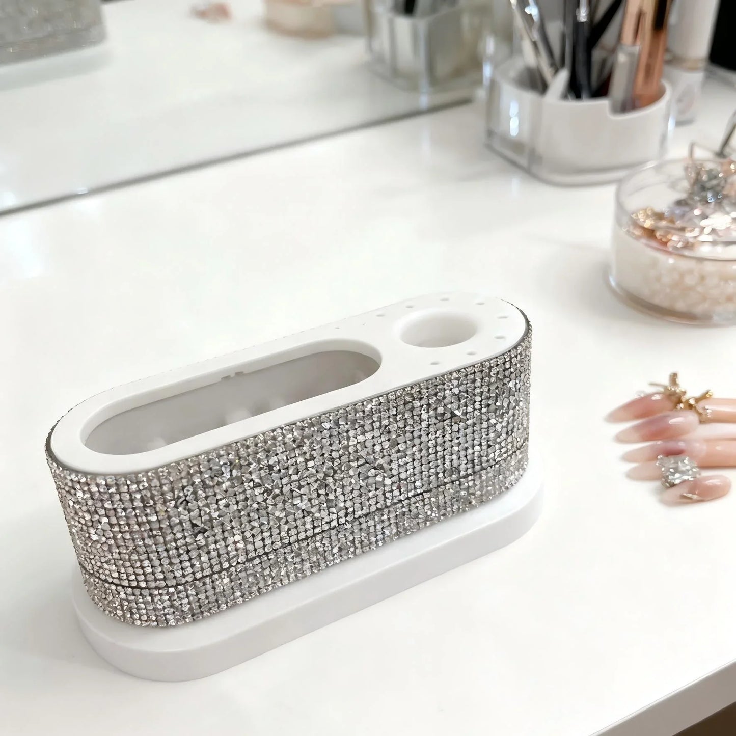 Nail Drill Machine Holder with White Rhinestones, 8 Holes Nail Drill Bit Holder, Nail Efile Stand and Organizer Storage Box Case