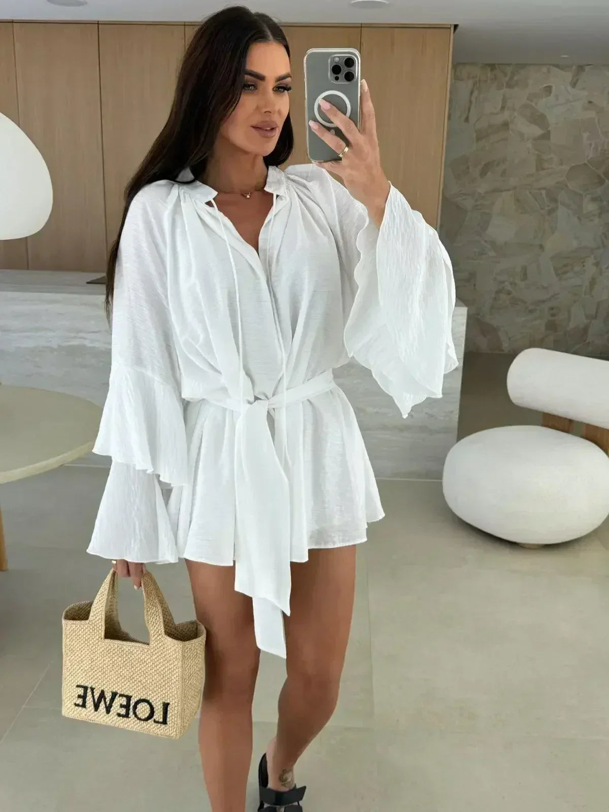 Elegant Fold Dress Women Brown Deep V-neck Long Sleeve Mini Dresses Female 2025 Spring Summer Fashion Loose Lady Vestidos