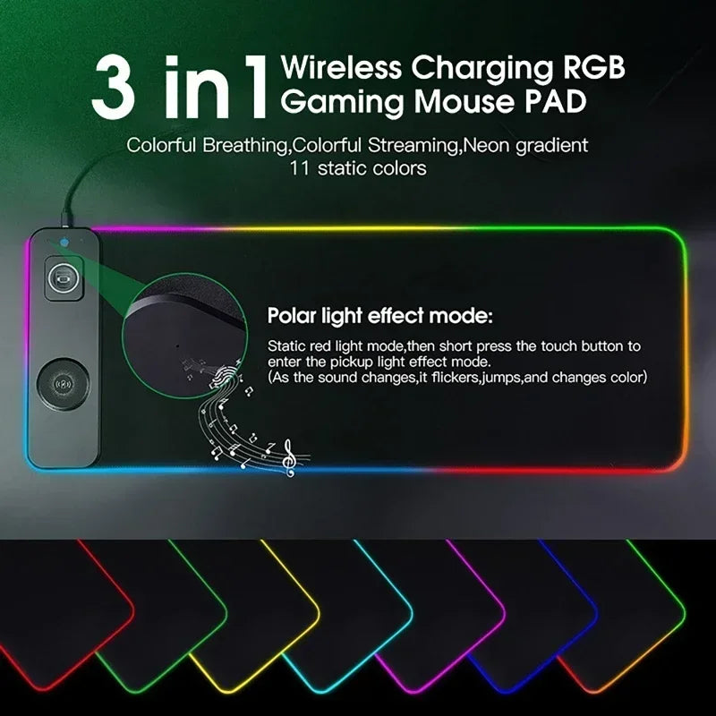 RGB Mouse Pads 3-In-1 Magnetic Wireless Charging Gaming Mousepad PC Laptop Pad for Airpod Wireless Charging for Apple Watch