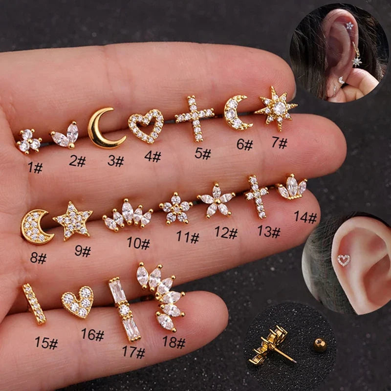 1PC Korean Stainless Steel Mini Zircon Cartilage Ear Stud Earrings for