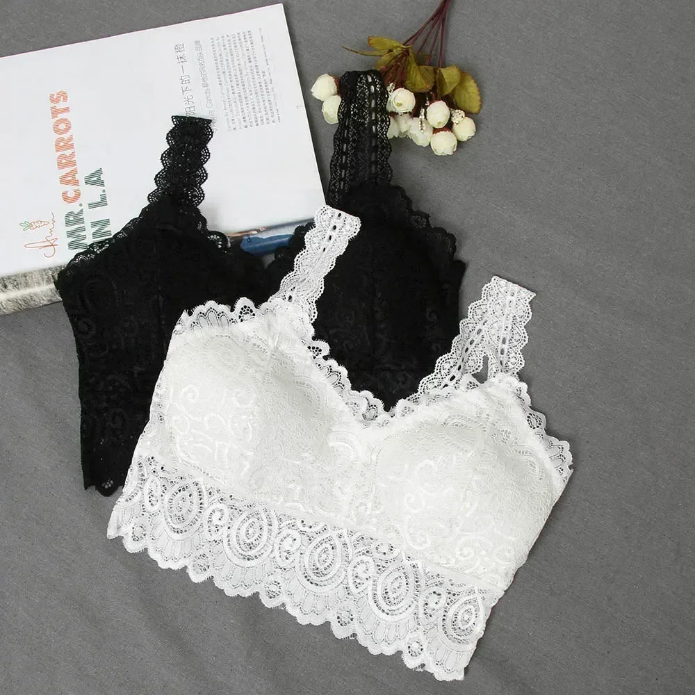 Nuevos tops de tirantes sexis de encaje floral con relleno para mujer, en blanco y negro, de algodón, con cuello en V, estilo chaleco de encaje a crochet informal
