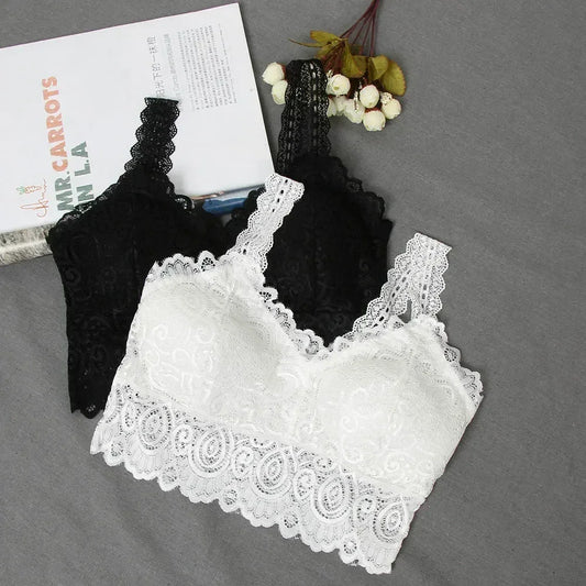 Nuevos tops de tirantes sexis de encaje floral con relleno para mujer, en blanco y negro, de algodón, con cuello en V, estilo chaleco de encaje a crochet informal