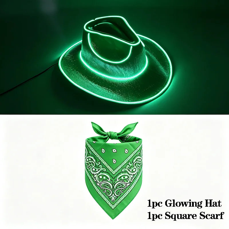 EL Wire Glowing  Cowboy Hat Square Bandana Scarf Set Neon Light Up Hat for Women Men Halloween Rave Party Cosplay Costume Outfit