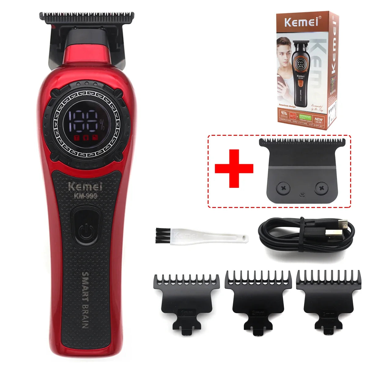 Kemei DLC T-Blade Zero Gapped LED Display Cordless USB Professional Hair Clipper Finishing Machine KM-999 Hair Trimmer for Men