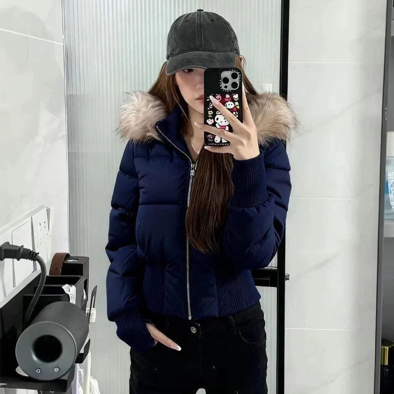 Autumn Winter Fur Collar Hooded Cropped Puffer Jacket Women's Warm Cotton Padded Jacket Short Top Windproof Coat Y2K High Waist