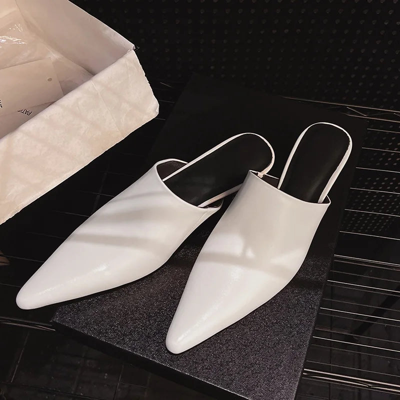 2025 New Mueller Slippers Genuine Leather Women Shoes Sexy Pointed Toe Summer Shoes Ladies Snake Pattern Black White Party Shoes