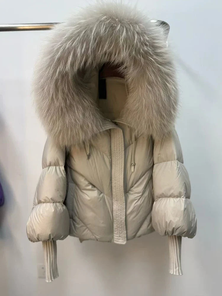 Women Winter Goose Down Jackets Real Fox Fur Collar Hooded Thick Natural Raccoon Fur Female Outwear Warm Loose Puffer Coats