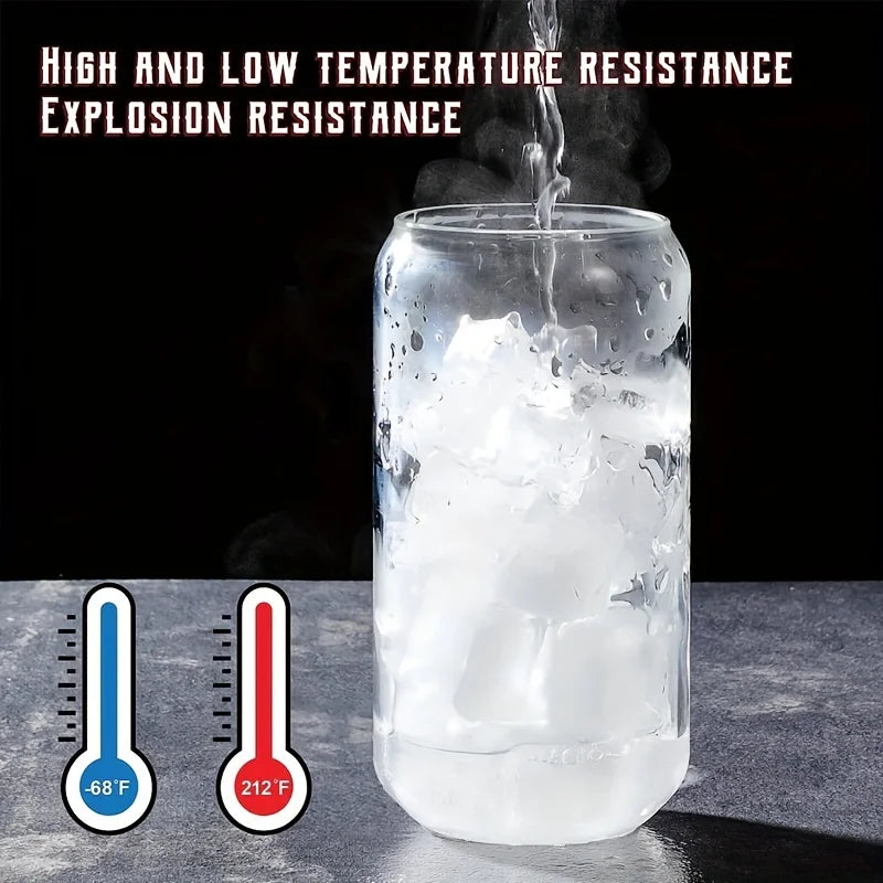 Drinking Glasses Cup with Glass Straw 4pcs Set Can Shaped For Beer Iced Coffee Whiskey Soda Tea Water with 2 Cleaning Brushes