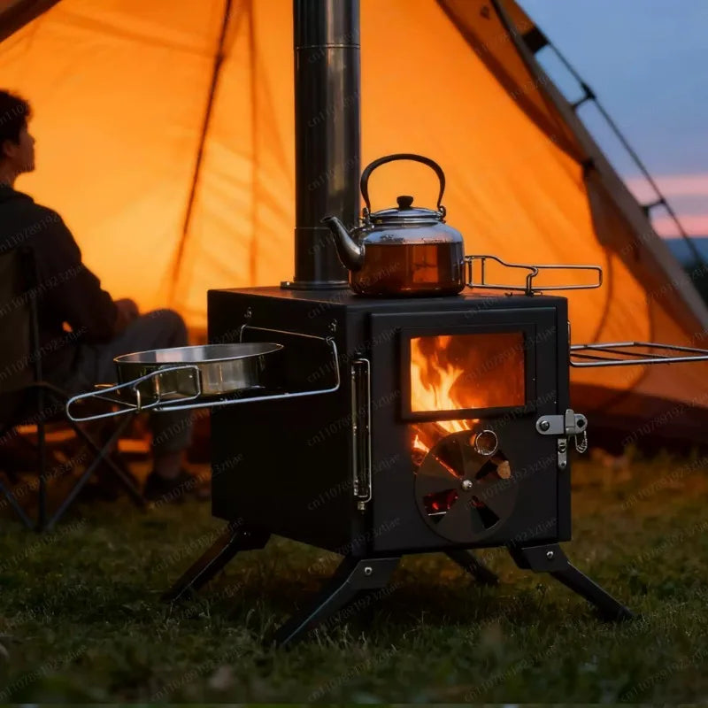 Portable Carbon Steel Camping Tent Stove – Multifunctional Foldable Wood Burner for Heating & Outdoor Cooking