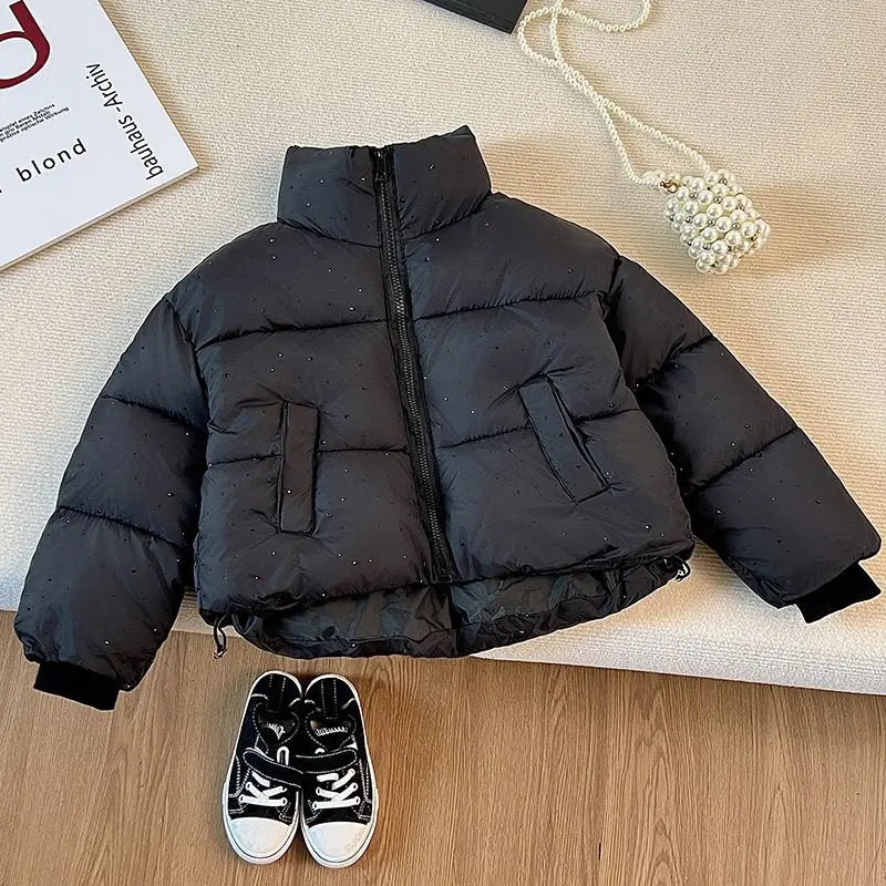2025 Winter Girls Rhinestone Puffer Jacket Korean Star-Studded Fashion Coat Glitter Zip-Up Quilted Down Jacket