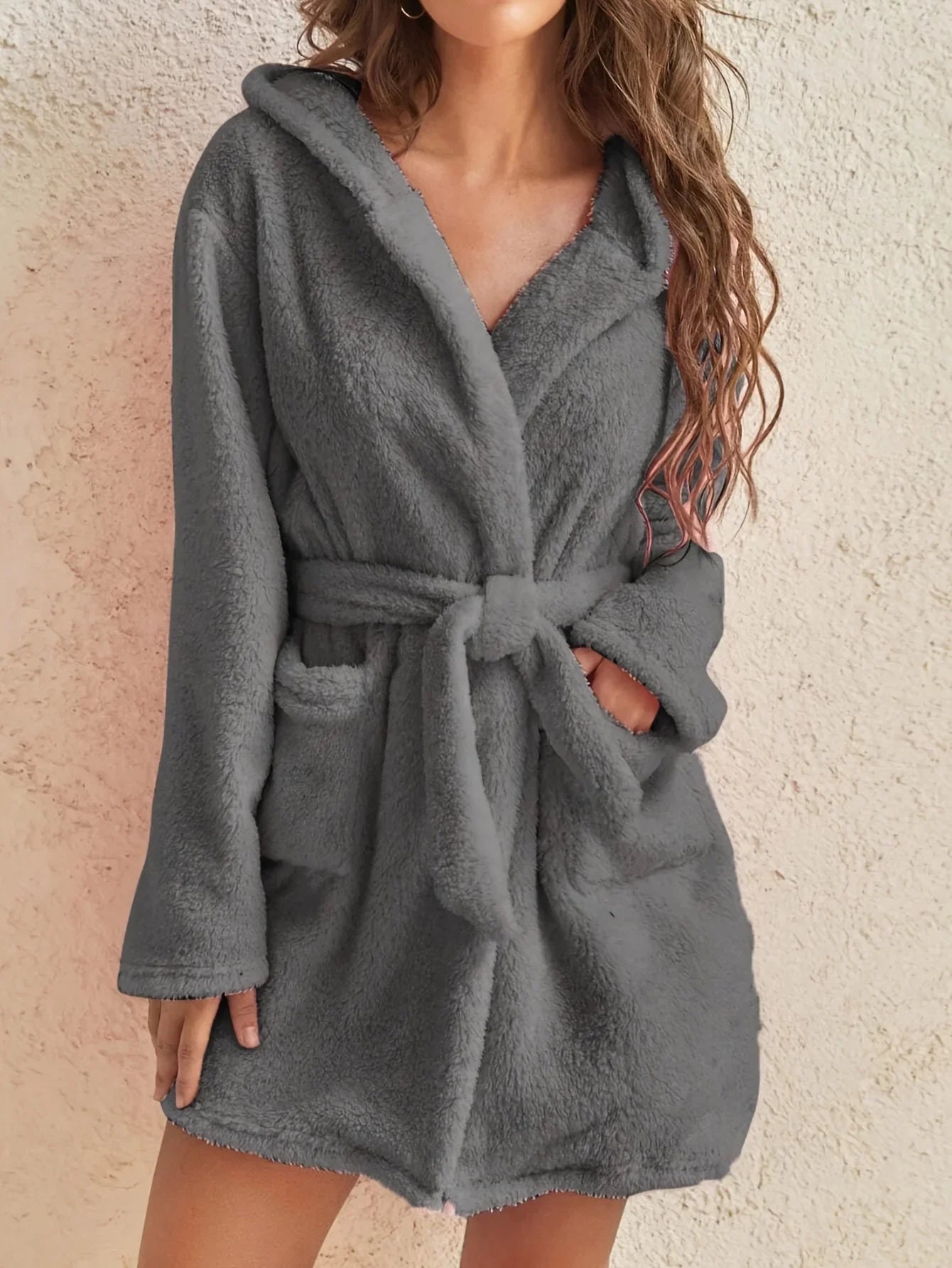 Women's Hooded Fleece Robe With Belt For Cozy Winter Home