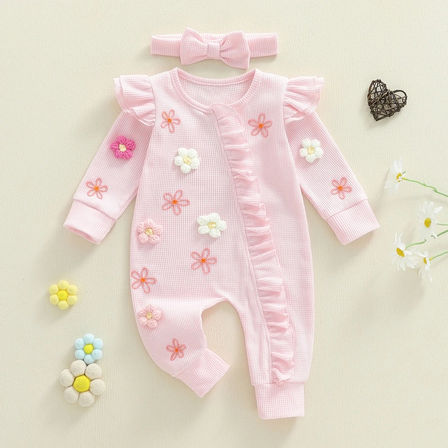 Citgeett Autumn Infant Baby Girl Fall Outfits Long Sleeve Flower Ruffle Jumpsuit Zipper Jumpsuit Headband Clothes Set