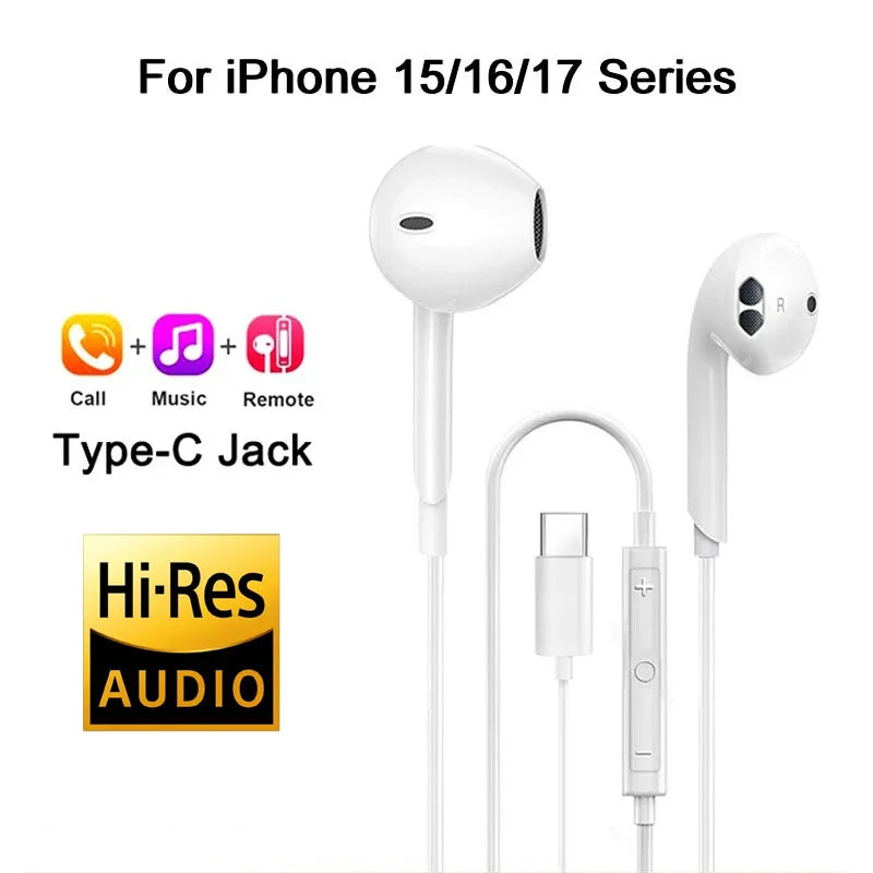 Original In-Ear Headphones For Apple iPad iPhone 15 17 14 13 12 11 16 Pro Max Plus Type C Wired Earphones Laptops Tablet Earbuds