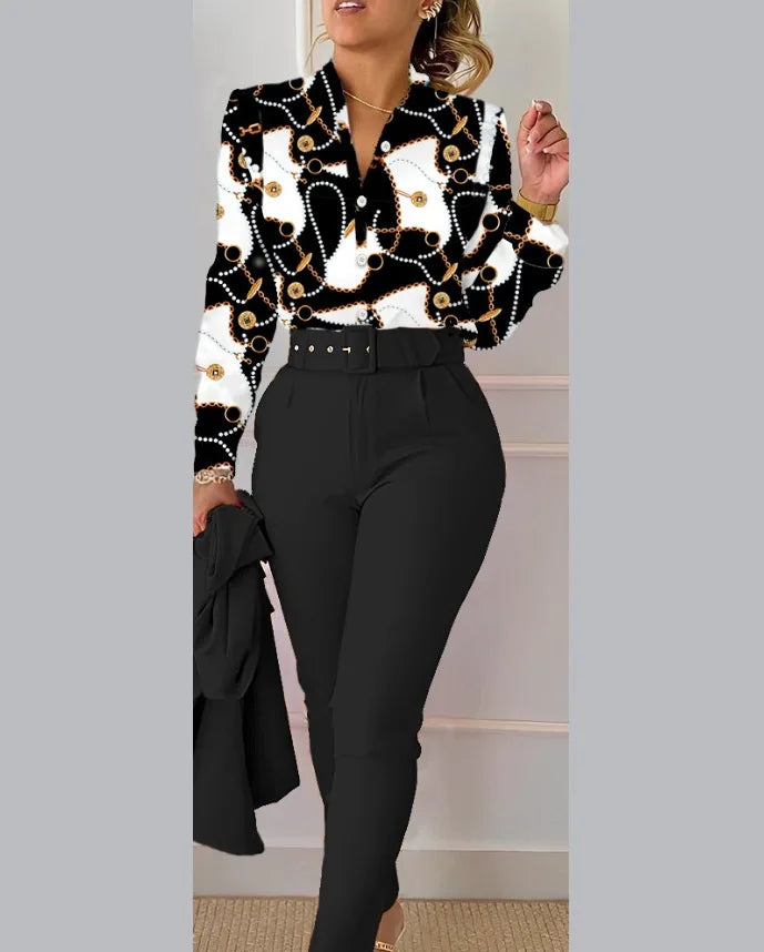 Women Shirt Pants Set Autumn Elegant Fashion V Neck Floral Print Long Sleeve High Waist Office Lady Casual Trousers Suits