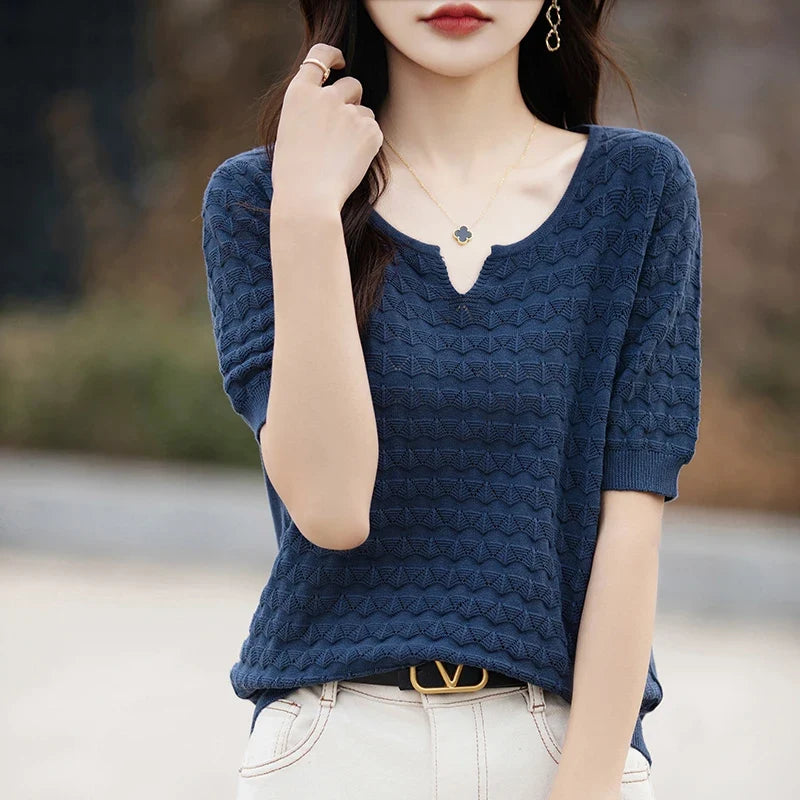Women's T-shirt Summer New 100% Pure Cotton Tees Casual Solid Knitted Short sleeved V-neck Pullover Loose Tops Fashion Sweater