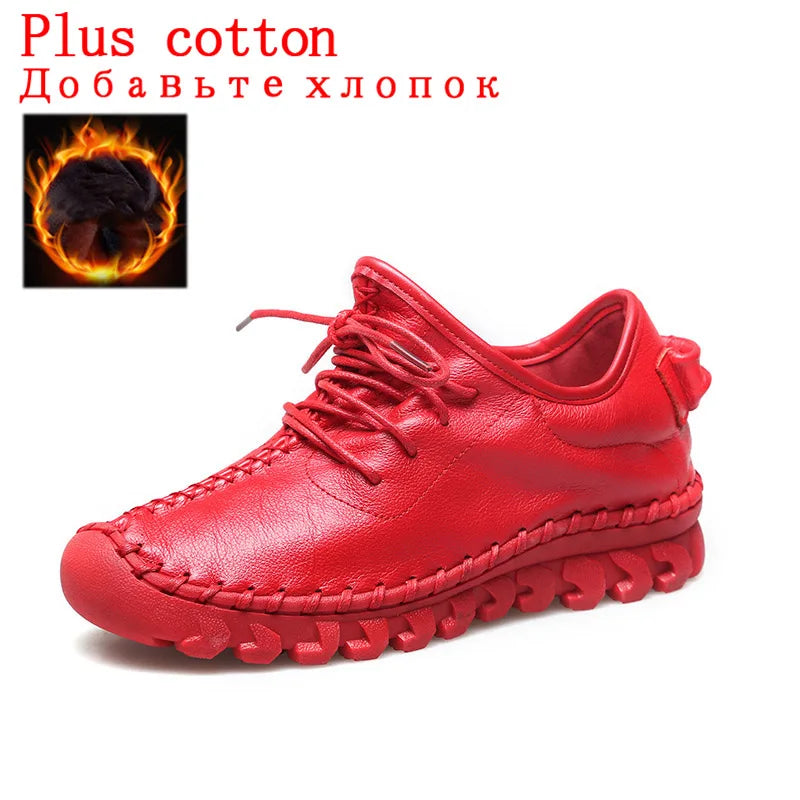 Handmade Genuine Leather Women Shoes Fashion Casual Sneakers Retro Flats Ladies Lacing Loafers Breathable Vulcanized Shoes