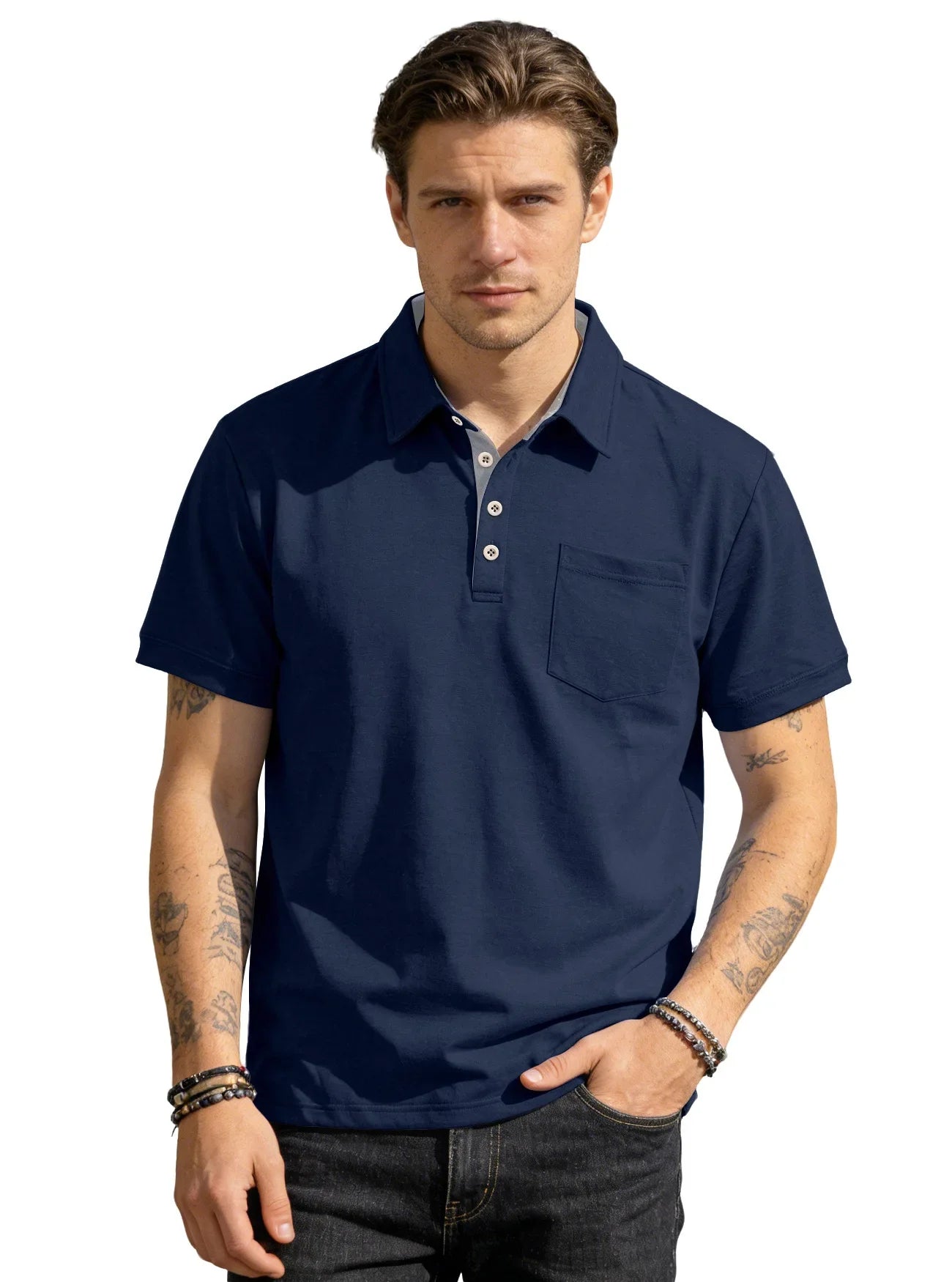 Men's Casual Business Polo Shirt Lapel Collar Chest Pocket Loose Short Sleeve Summer Daily Wear 2026 Summer New Men's Polo Shirt