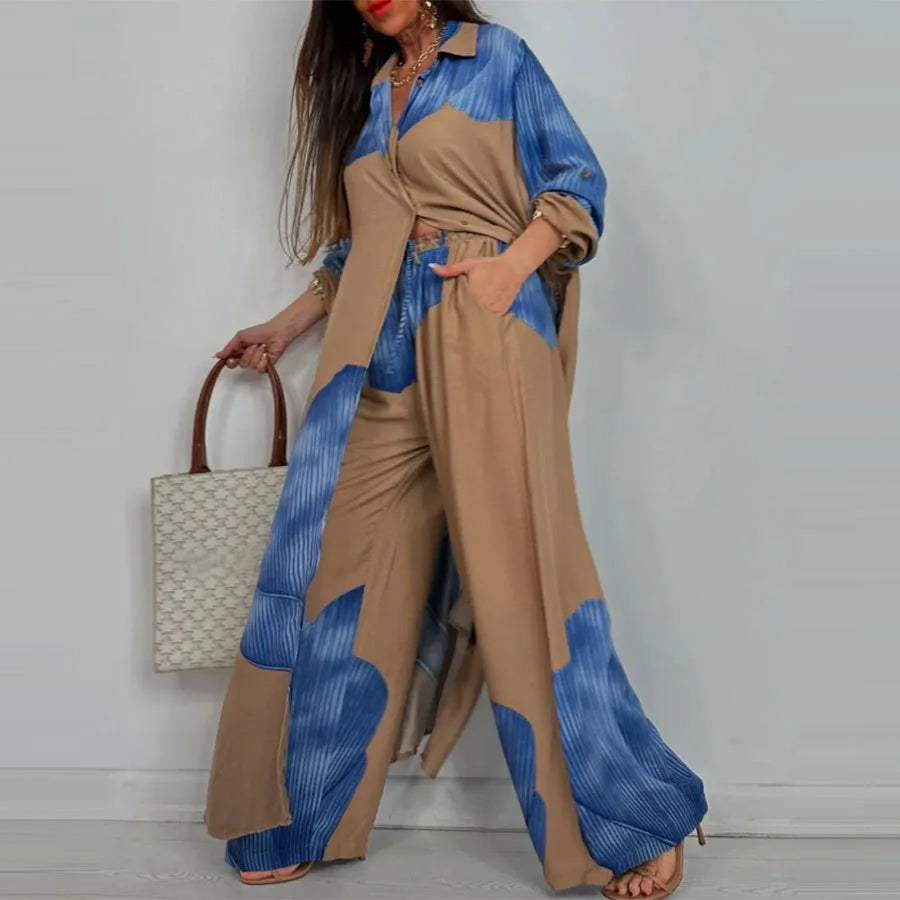 Elegant Lady Set Printed Long Shirt Top Wide Leg Pants 2-piece Outfit Casual Loose Oversized Women Sets Casual Two-piece Outfit