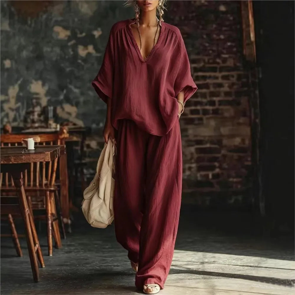 Fashion V-neck Short-sleeved Loose Top Women's Suit Summer New Casual Retro Female Vacation Lazy Trousers 2-piece Set 2026